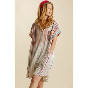 Umgee Dress Womens Size Small Stripe Button Down Mini Fray Pockets Short Sleeve